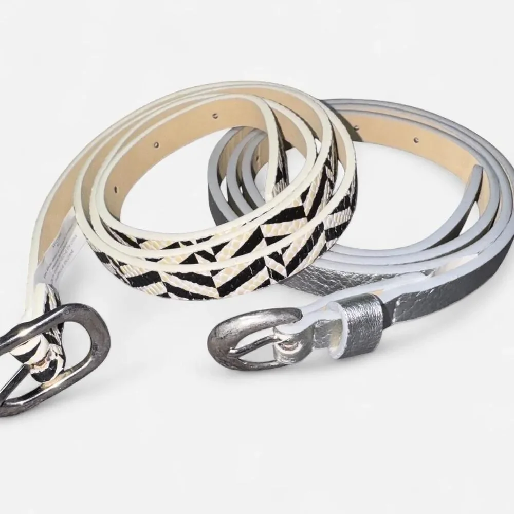 Y2K Madden Girl 2-Pack Skinny Fashion Belts, Silver Metallic and Black Geometric